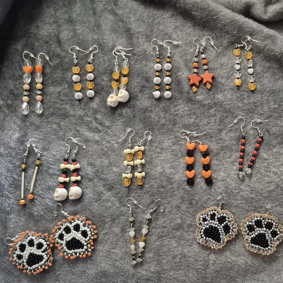 Elegant Beaded Earrings Set - Orange, Black, Silver - Picture 1 of 1